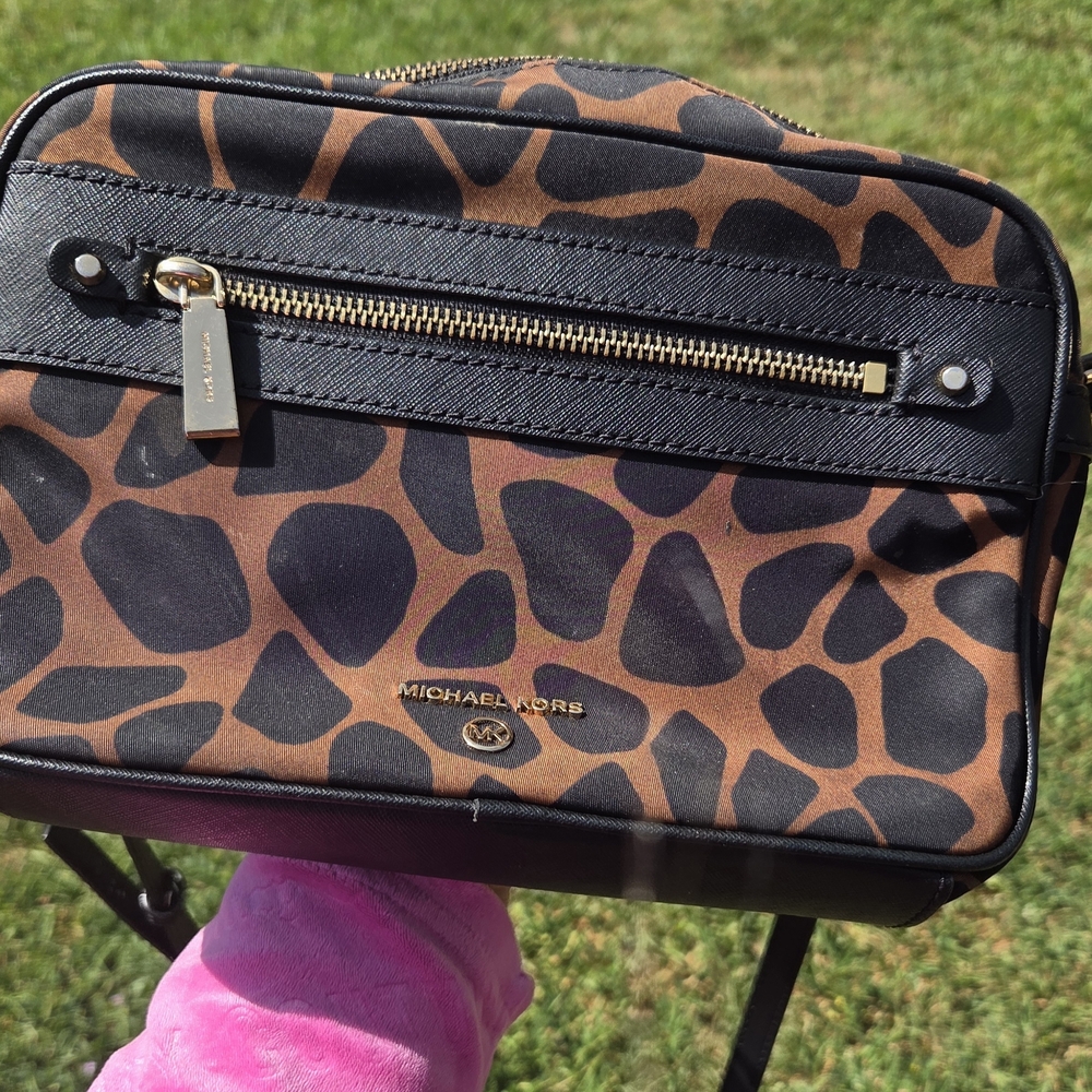 Michael Kors Giraffe-Print Crossbody in Brown and Black with Gold Hardware
